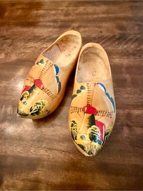 Vintage Wooden Clogs from Holland in Natural Yellow with Red & Blue Accents